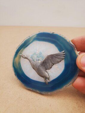 White and Navy Hummingbird pewter swan on Geode Slab, Wildlife Art - bird